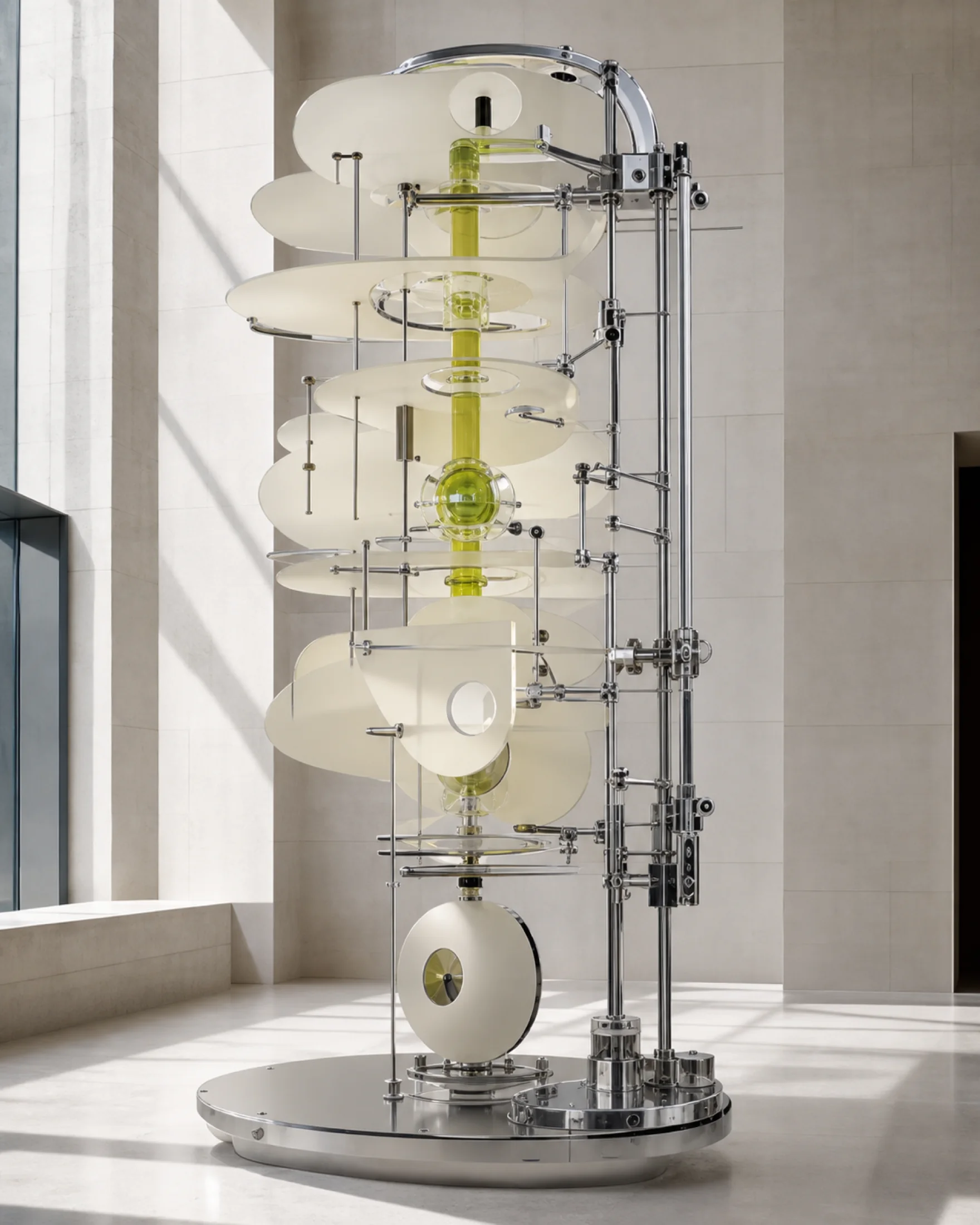 Chrome kinetic sculpture with an acid chartreuse decision core